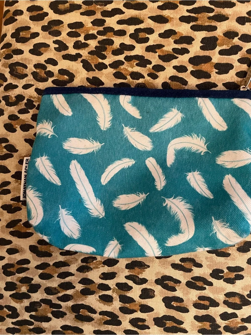 Jonathan Adler Teal and White Feather Print Pouch with zip 8.5 x 7”
